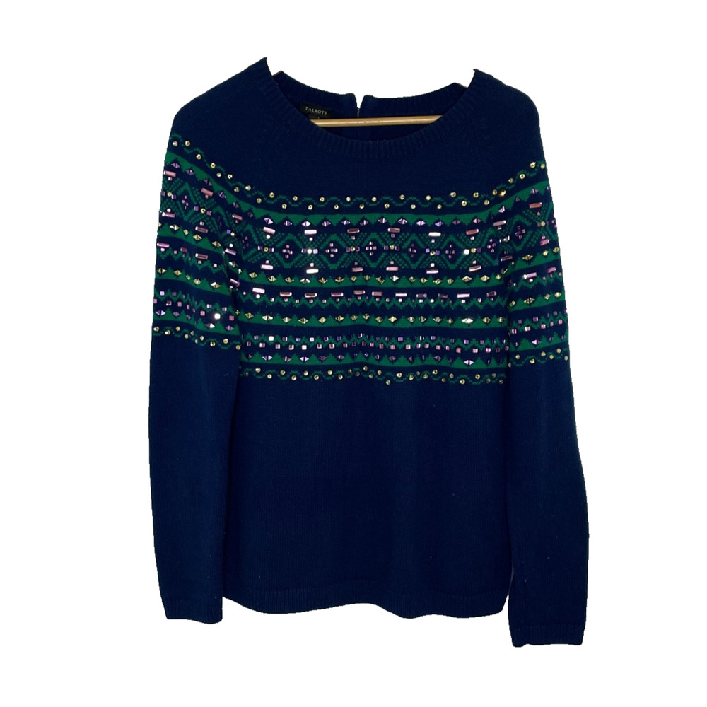 Women's Medium Talbots Wool Blend Fair Isle Jewel Crewneck Sweater